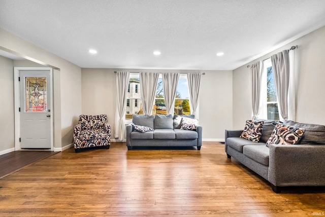 living room featuring plenty of natural light, a textured ceiling, and light hardwood / wood-style flooring