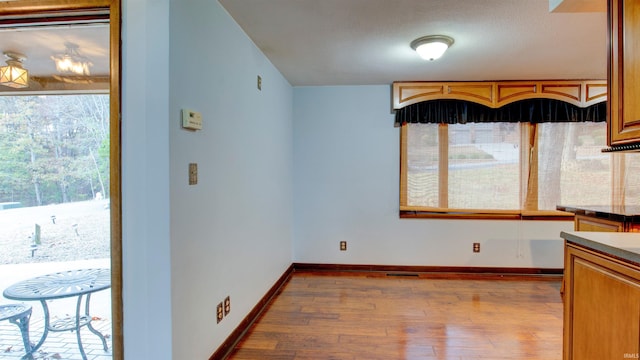 unfurnished dining area featuring light wood-type flooring