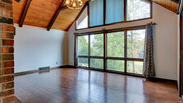 unfurnished living room with hardwood / wood-style flooring, a healthy amount of sunlight, high vaulted ceiling, and beam ceiling