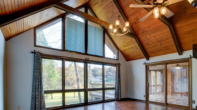 room details featuring hardwood / wood-style flooring, beamed ceiling, wood ceiling, and ceiling fan with notable chandelier