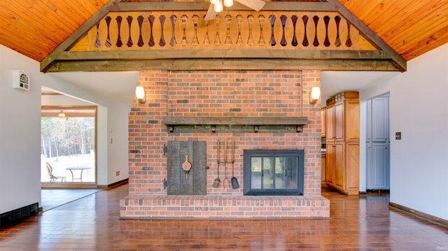 unfurnished living room featuring dark hardwood / wood-style flooring, wood ceiling, lofted ceiling with beams, and a fireplace