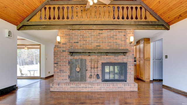 856 S Balthazar Dr, Santa Claus, IN 47579 - unfurnished living room featuring a fireplace, wood ceiling, hardwood / wood-style floors, baseboards, and high vaulted ceiling
