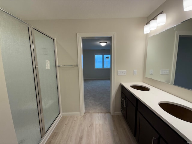 bathroom featuring wood-type flooring, vanity, and a shower with shower door