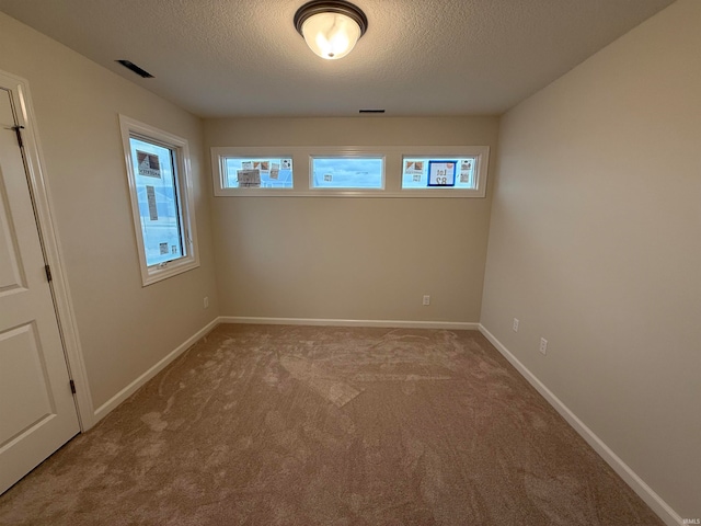 empty room with a healthy amount of sunlight, a textured ceiling, and light colored carpet