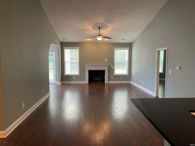 unfurnished living room featuring a textured ceiling, dark wood-type flooring, and a healthy amount of sunlight