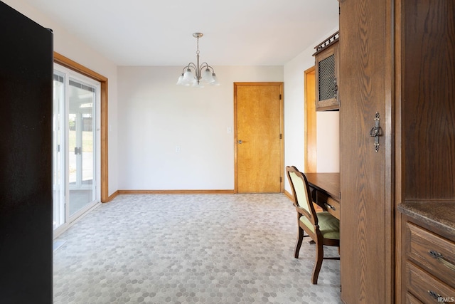 office space featuring a chandelier and light carpet