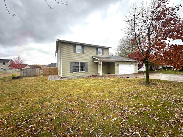 front facade with a garage and a front lawn