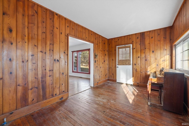 interior space with dark wood-type flooring, a healthy amount of sunlight, and wooden walls