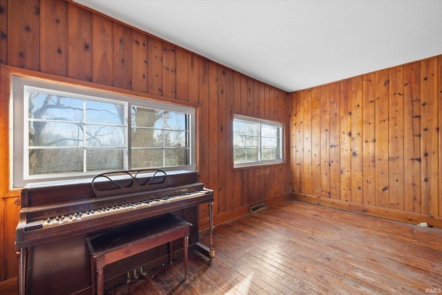 miscellaneous room with wood walls and wood-type flooring