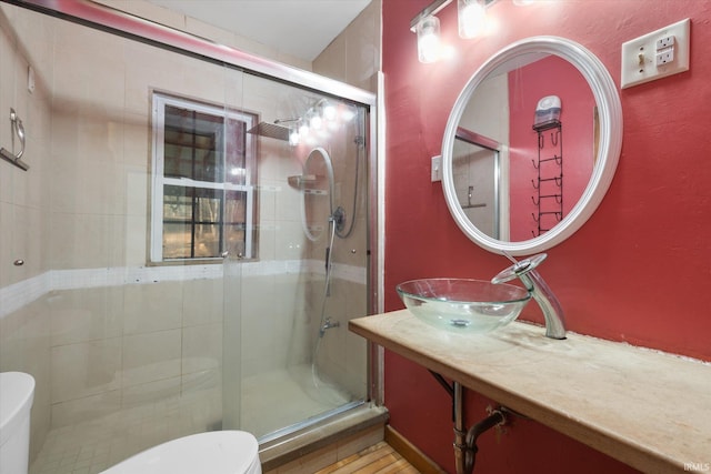 bathroom with sink, toilet, and a shower with shower door