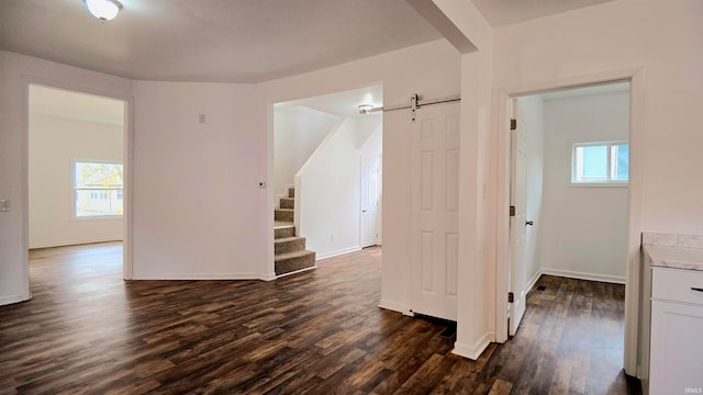 unfurnished room featuring a barn door, dark hardwood / wood-style floors, and plenty of natural light