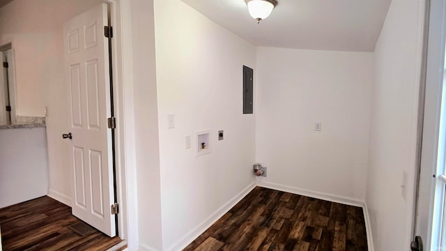 clothes washing area with electric panel, electric dryer hookup, dark hardwood / wood-style floors, and washer hookup