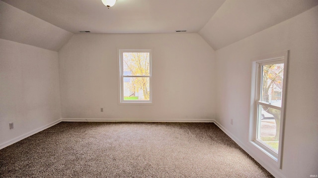 additional living space featuring vaulted ceiling, carpet flooring, and a healthy amount of sunlight