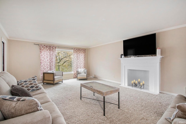 living room featuring light carpet and crown molding