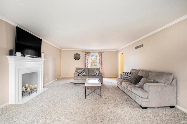 carpeted living room with ornamental molding