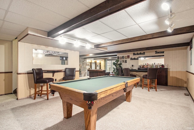 recreation room with pool table, light carpet, and track lighting