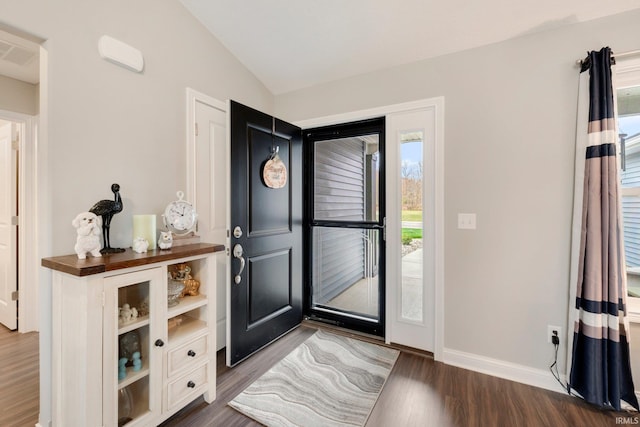 entryway featuring lofted ceiling and dark hardwood / wood-style flooring