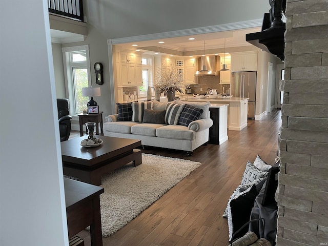 living room featuring crown molding and dark hardwood / wood-style flooring