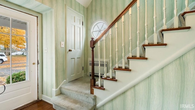 stairs featuring radiator heating unit, hardwood / wood-style flooring, and plenty of natural light