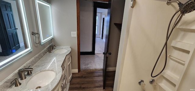 bathroom with wood-type flooring and vanity