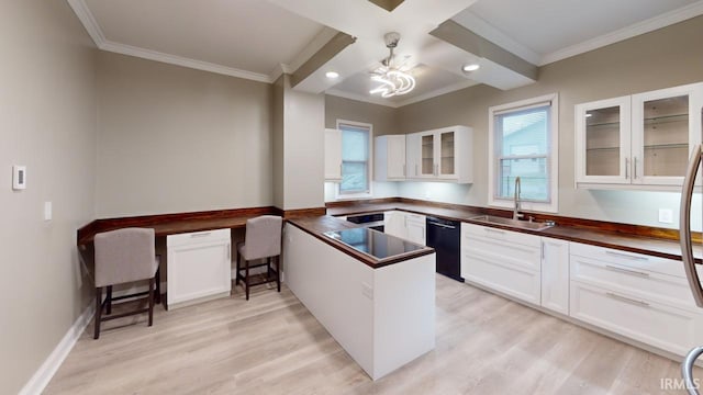 kitchen featuring white cabinets, kitchen peninsula, black dishwasher, sink, and light wood-type flooring