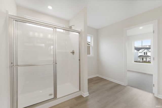 bathroom with walk in shower and hardwood / wood-style flooring