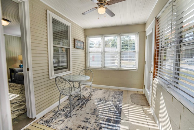 sunroom / solarium with ceiling fan and wood ceiling