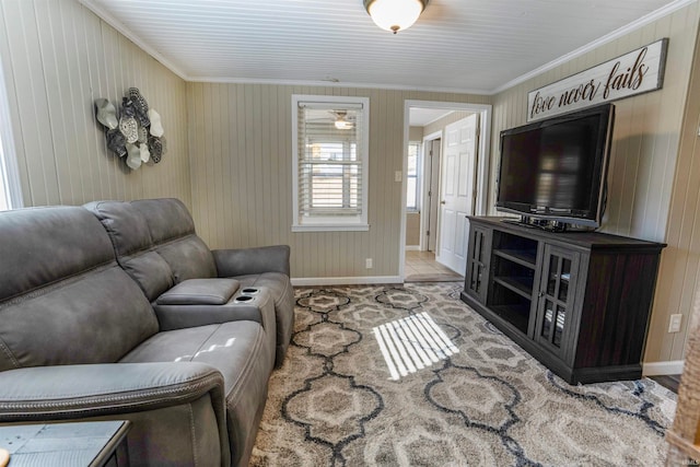 living room with crown molding