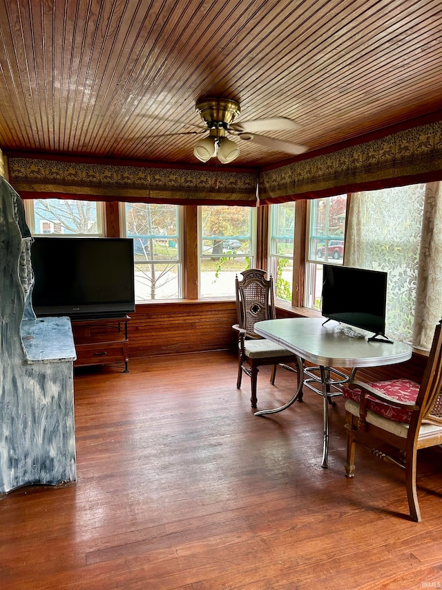 sunroom featuring ceiling fan and wooden ceiling