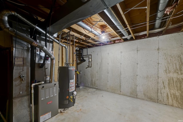 basement with water heater and heating unit