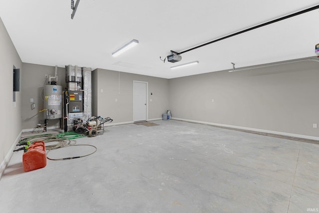 garage featuring water heater, a garage door opener, and electric panel