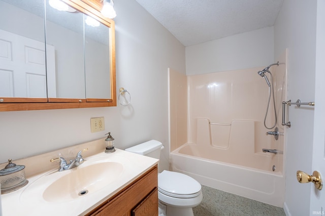 full bathroom with shower / bath combination, vanity, a textured ceiling, and toilet