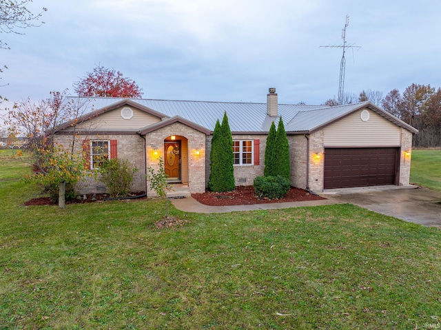 ranch-style home with a garage and a front yard