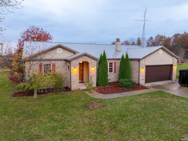 single story home featuring a garage and a front yard