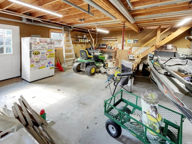 basement with white fridge