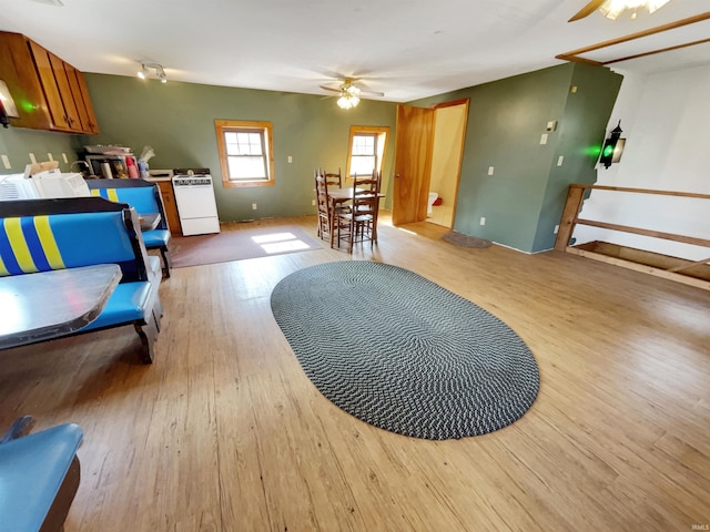 living area with ceiling fan and light wood-type flooring