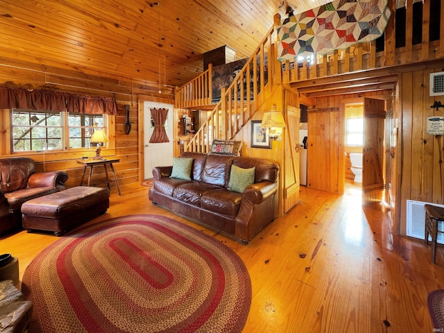 living room featuring wood walls, lofted ceiling, wood ceiling, and hardwood / wood-style flooring