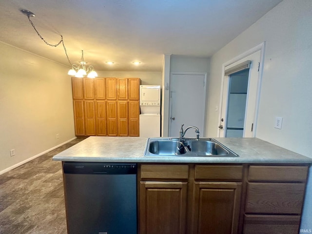 kitchen featuring dishwasher, a notable chandelier, sink, and stacked washer / drying machine