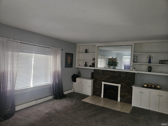 carpeted living room with a fireplace and a baseboard radiator