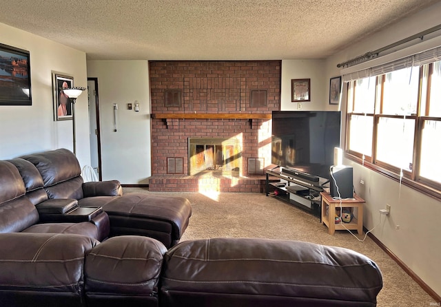 living room with a brick fireplace, carpet, and a textured ceiling