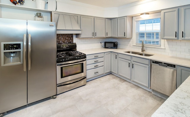 kitchen featuring gray cabinets, appliances with stainless steel finishes, sink, and custom exhaust hood