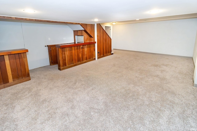 basement with light colored carpet