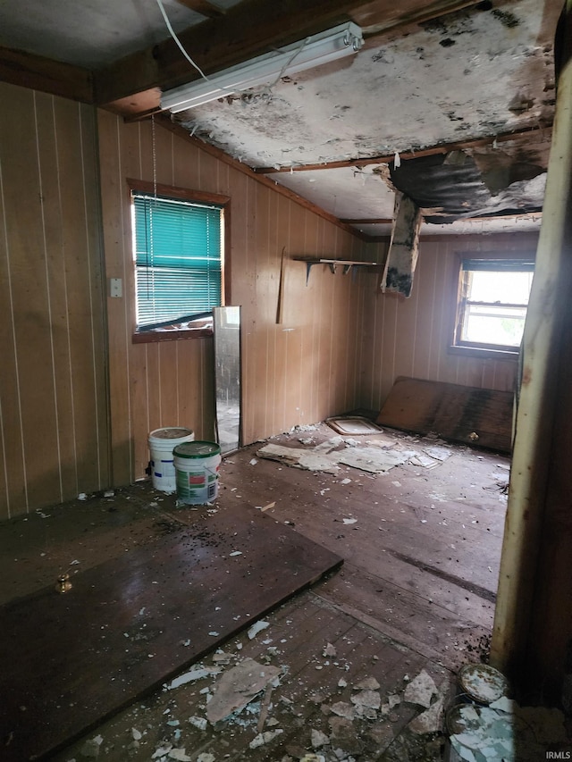 misc room with wood walls and lofted ceiling