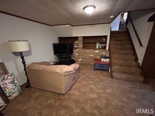 living room with dark carpet and crown molding