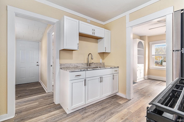 kitchen with sink, ornamental molding, light stone countertops, light hardwood / wood-style flooring, and white cabinets