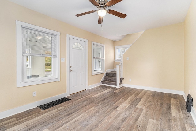 foyer entrance featuring a wealth of natural light, hardwood / wood-style flooring, and ceiling fan