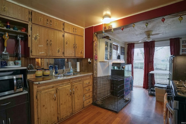 kitchen featuring stainless steel appliances, a textured ceiling, sink, hardwood / wood-style floors, and ceiling fan