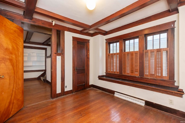 hallway with dark hardwood / wood-style flooring, beamed ceiling, and a baseboard heating unit