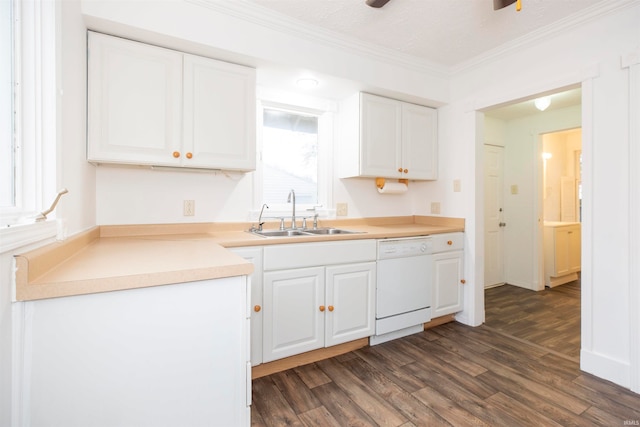 kitchen with dishwasher, white cabinetry, sink, and dark hardwood / wood-style floors