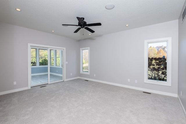 unfurnished room with a textured ceiling, a wealth of natural light, light carpet, and ceiling fan